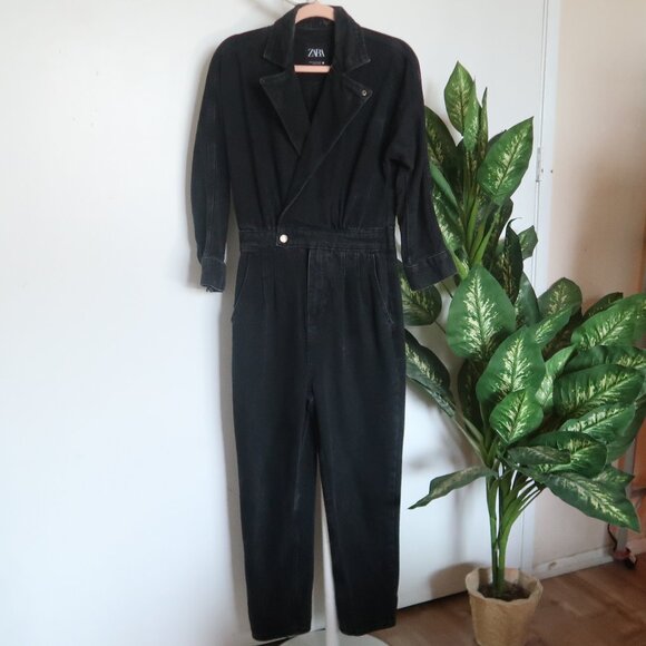 Zara Black Denim Lyocell Cotton Jumpsuit Long Sleeve Utility Boiler Suit Size XS - Picture 4 of 14